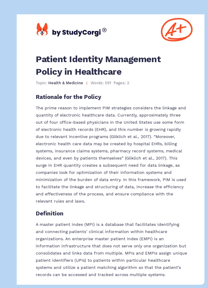 Patient Identity Management Policy in Healthcare. Page 1