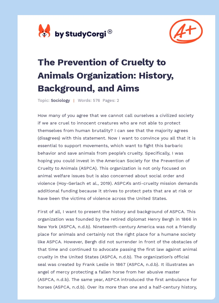 The Prevention of Cruelty to Animals Organization: History, Background, and Aims. Page 1