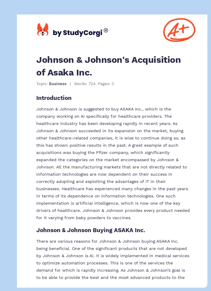 Johnson & Johnson's Acquisition of Asaka Inc.. Page 1