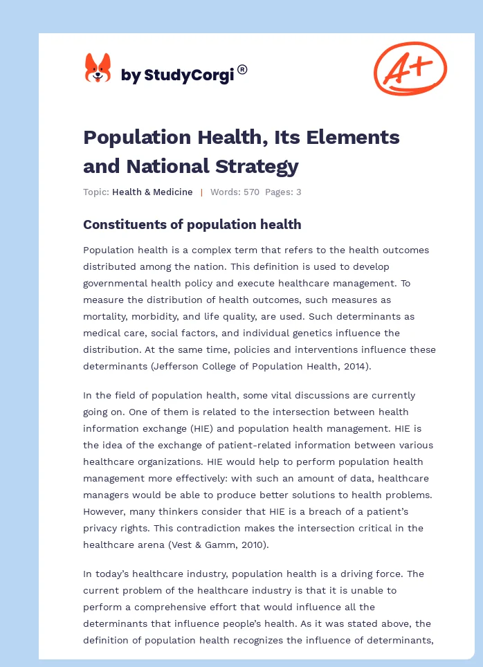Population Health, Its Elements and National Strategy. Page 1