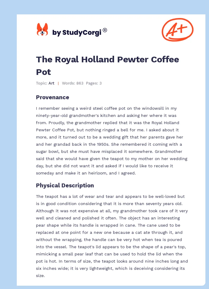 The Royal Holland Pewter Coffee Pot. Page 1