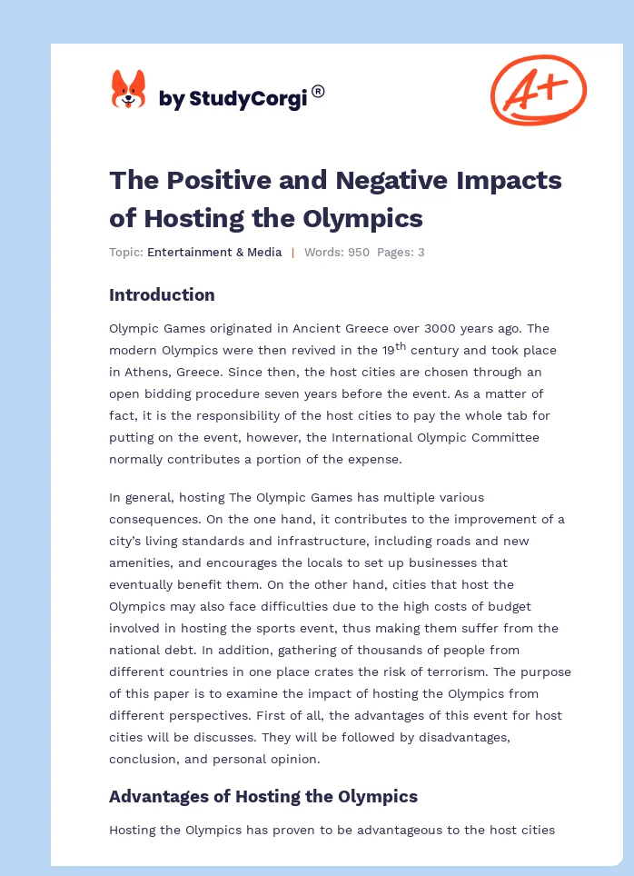 The Positive and Negative Impacts of Hosting the Olympics. Page 1