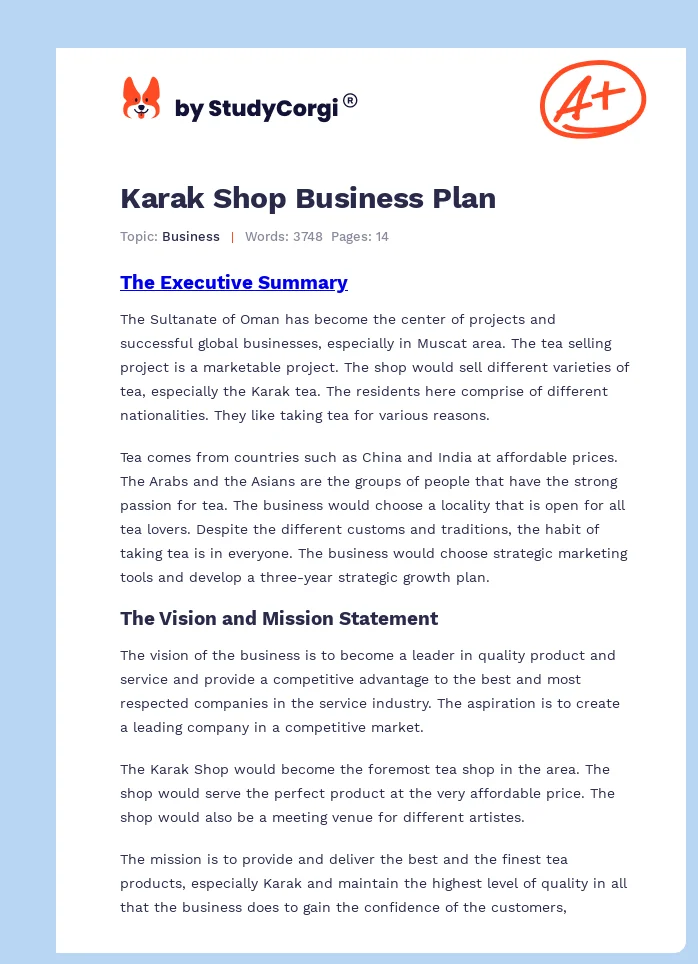 Karak Shop Business Plan. Page 1