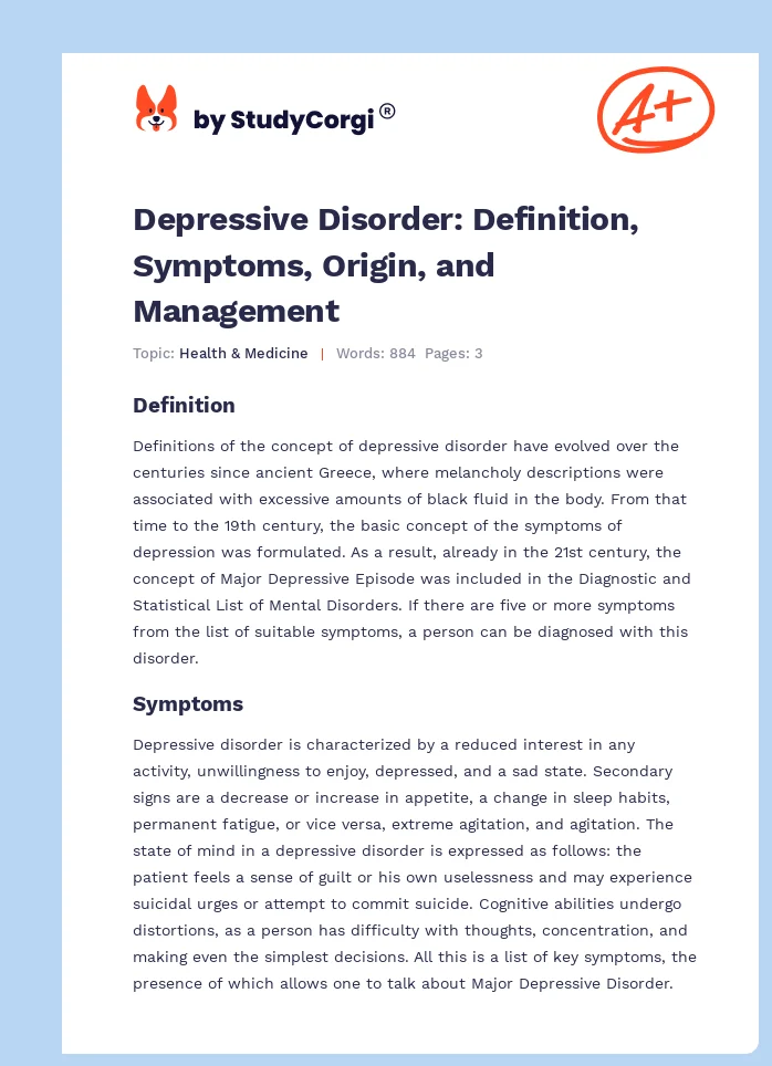 Depressive Disorder: Definition, Symptoms, Origin, and Management. Page 1