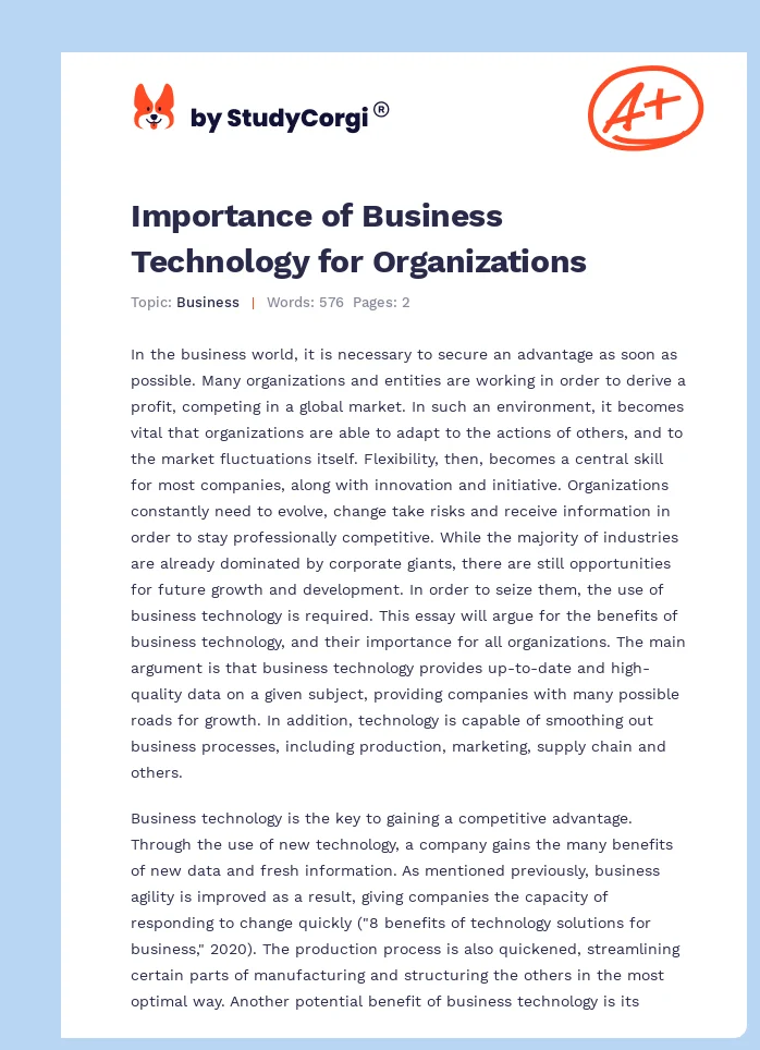 Importance of Business Technology for Organizations. Page 1
