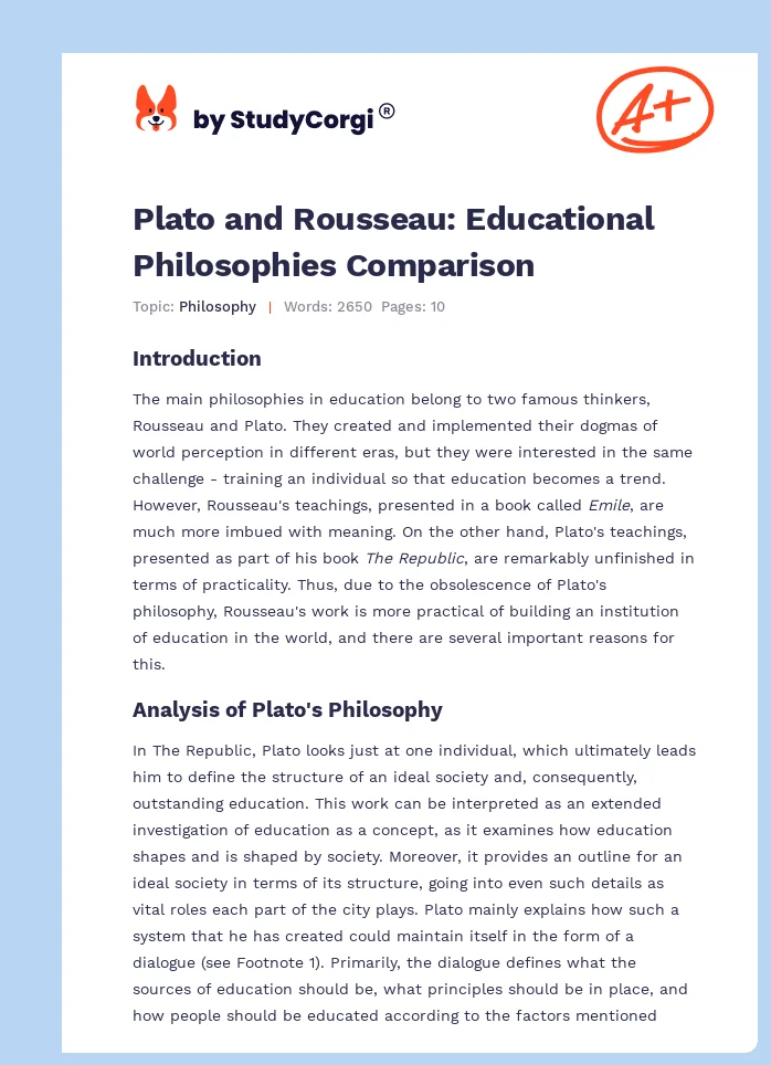 Plato and Rousseau: Educational Philosophies Comparison. Page 1