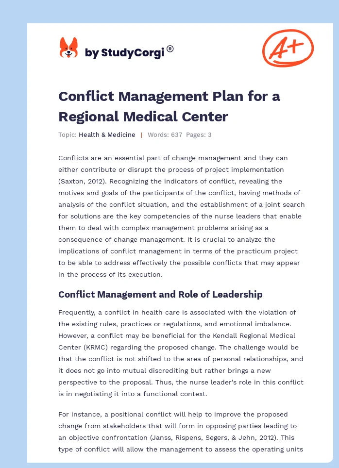 Conflict Management Plan for a Regional Medical Center. Page 1