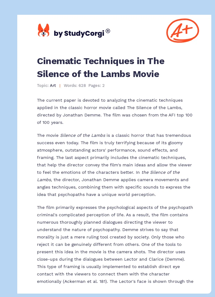 Cinematic Techniques in The Silence of the Lambs Movie. Page 1