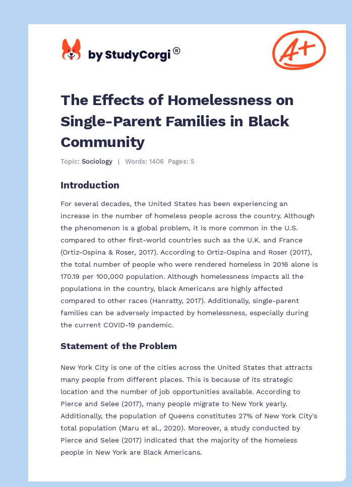 The Effects of Homelessness on Single-Parent Families in Black Community. Page 1
