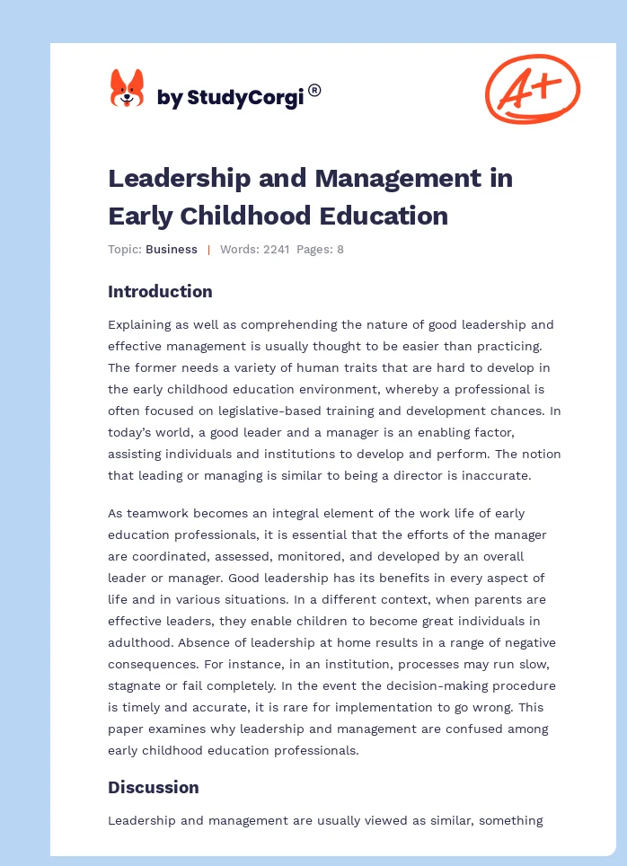 Leadership and Management in Early Childhood Education. Page 1