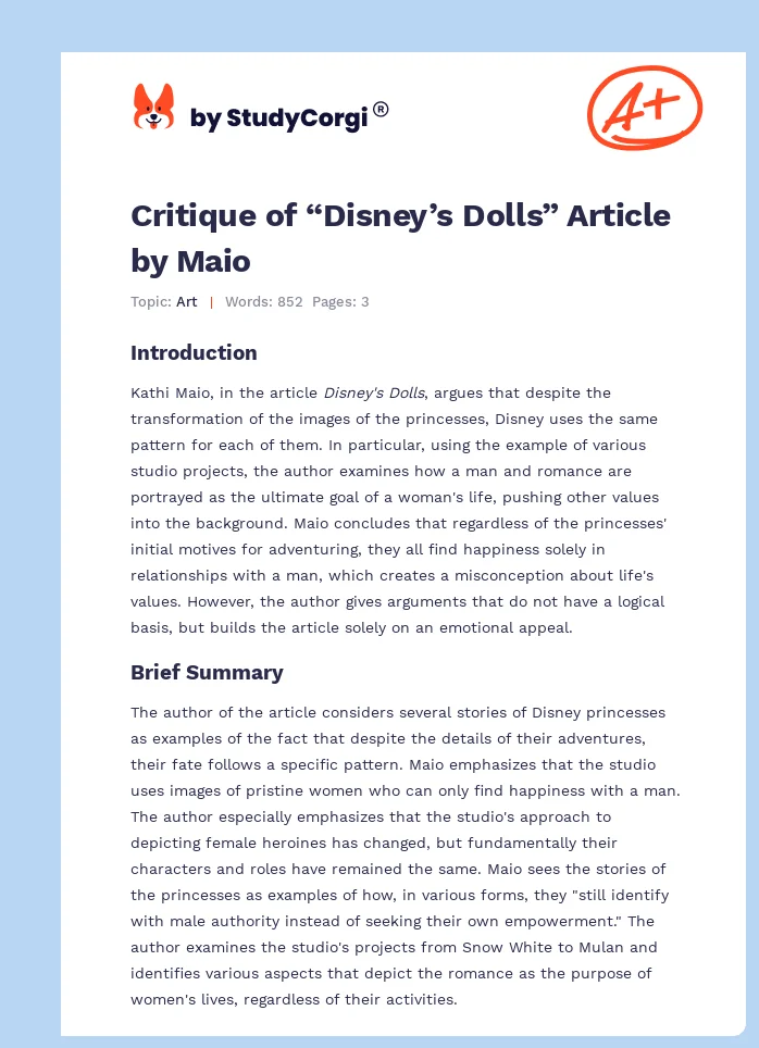 Critique of “Disney’s Dolls” Article by Maio. Page 1