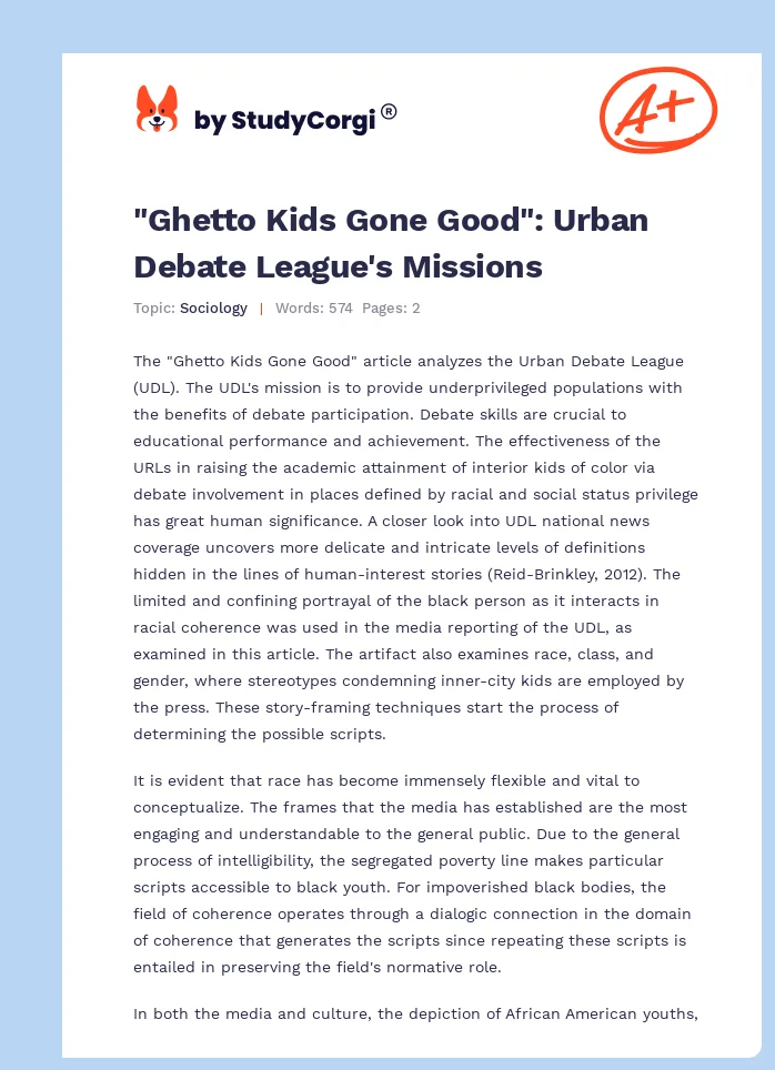 "Ghetto Kids Gone Good": Urban Debate League's Missions. Page 1