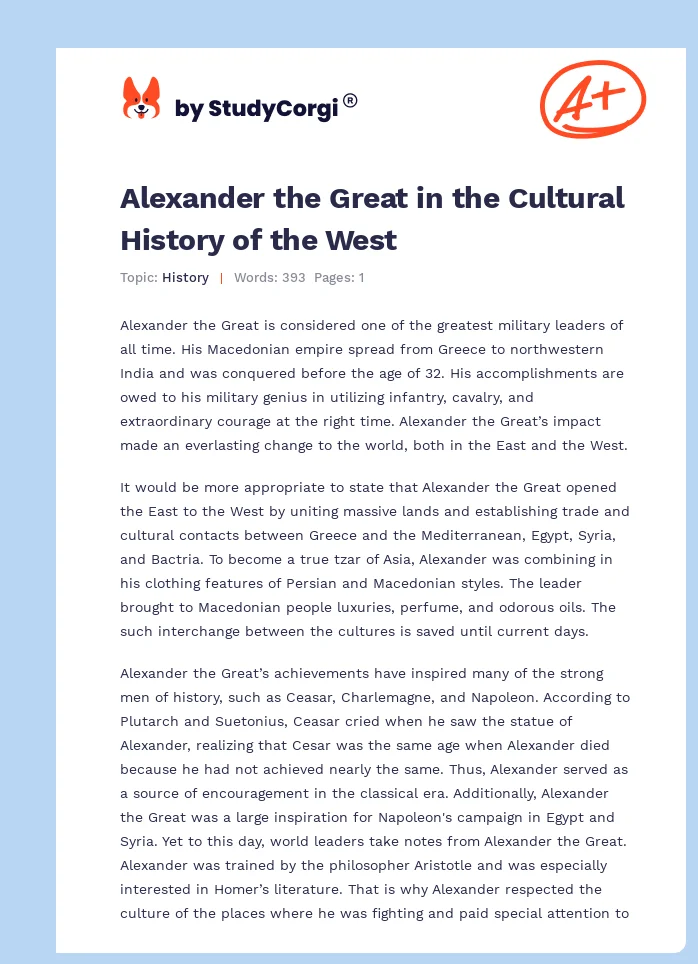 Alexander the Great in the Cultural History of the West. Page 1