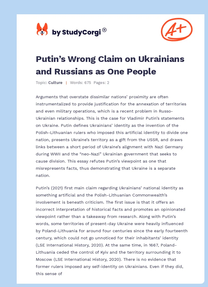 Putin’s Wrong Claim on Ukrainians and Russians as One People. Page 1
