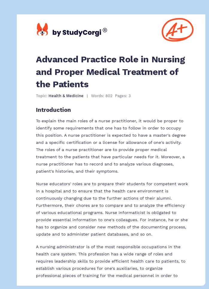 Advanced Practice Role in Nursing and Proper Medical Treatment of the Patients. Page 1