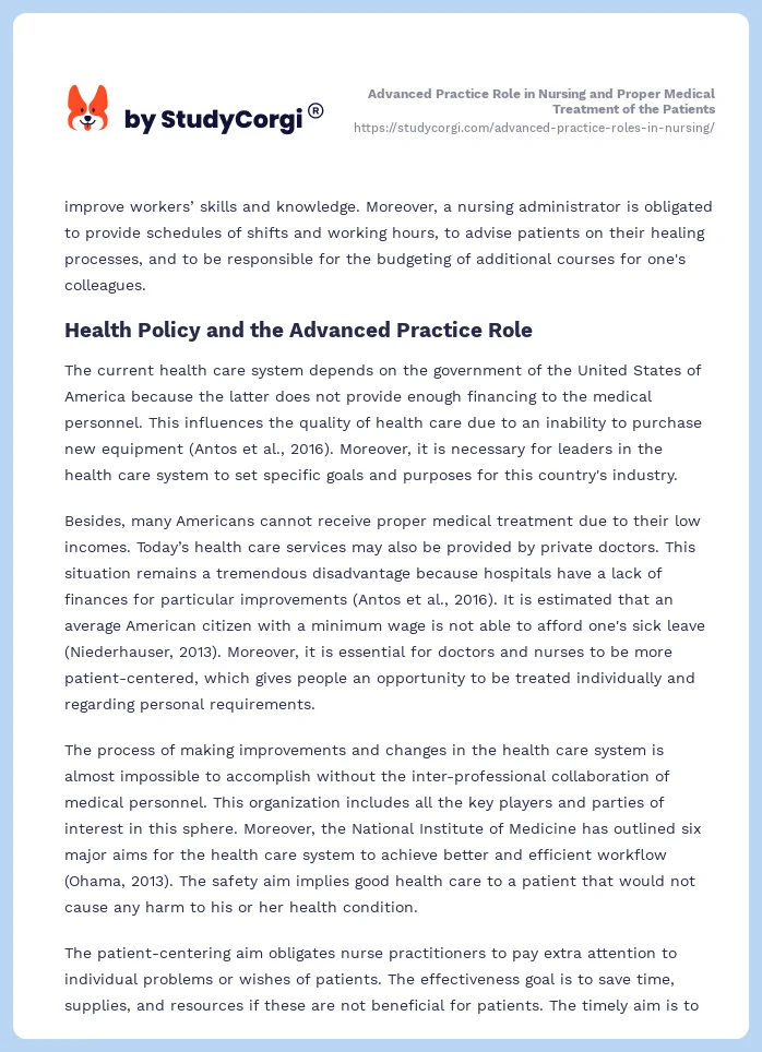 Advanced Practice Role in Nursing and Proper Medical Treatment of the Patients. Page 2