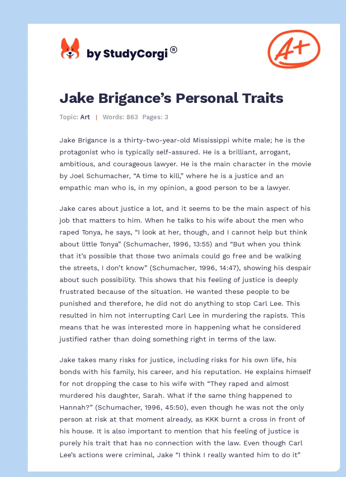 Jake Brigance’s Personal Traits. Page 1