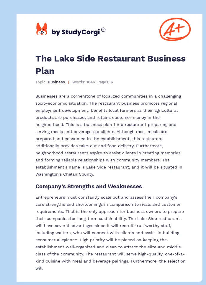 The Lake Side Restaurant Business Plan. Page 1