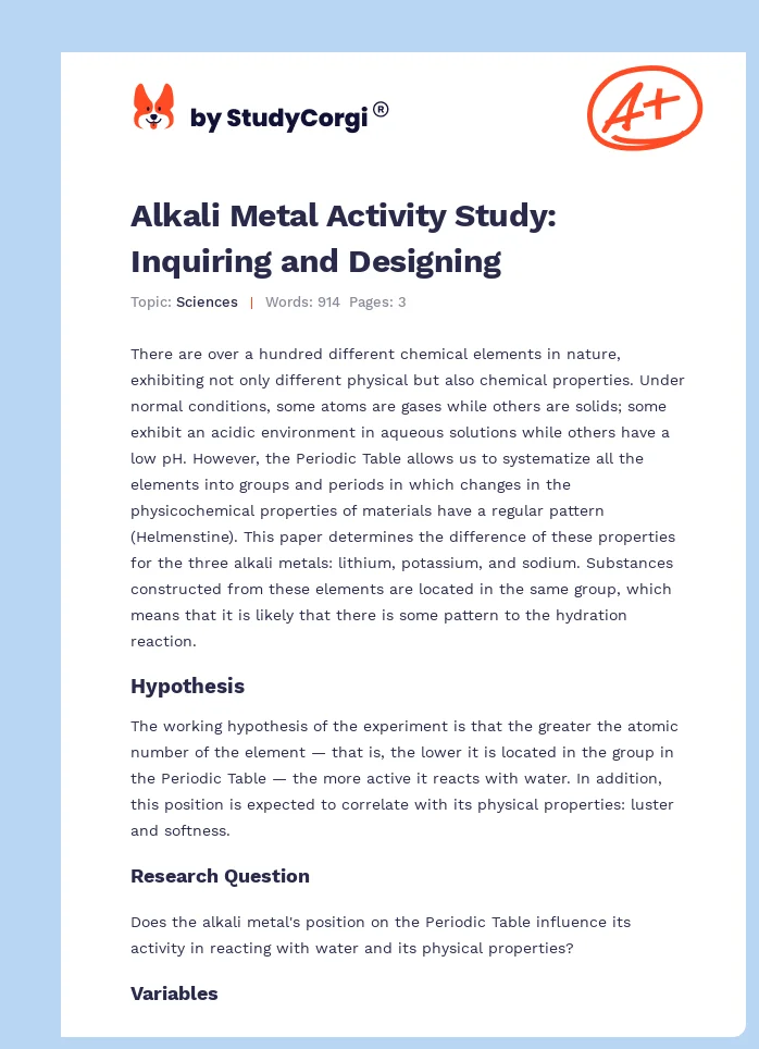 Alkali Metal Activity Study: Inquiring and Designing. Page 1