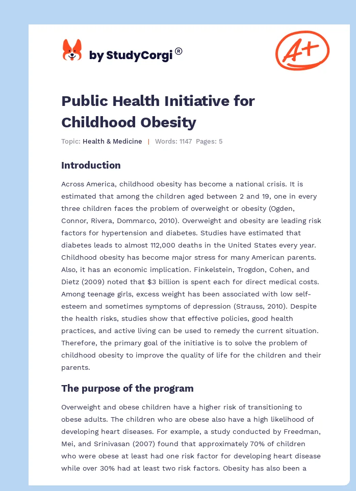Public Health Initiative for Childhood Obesity. Page 1
