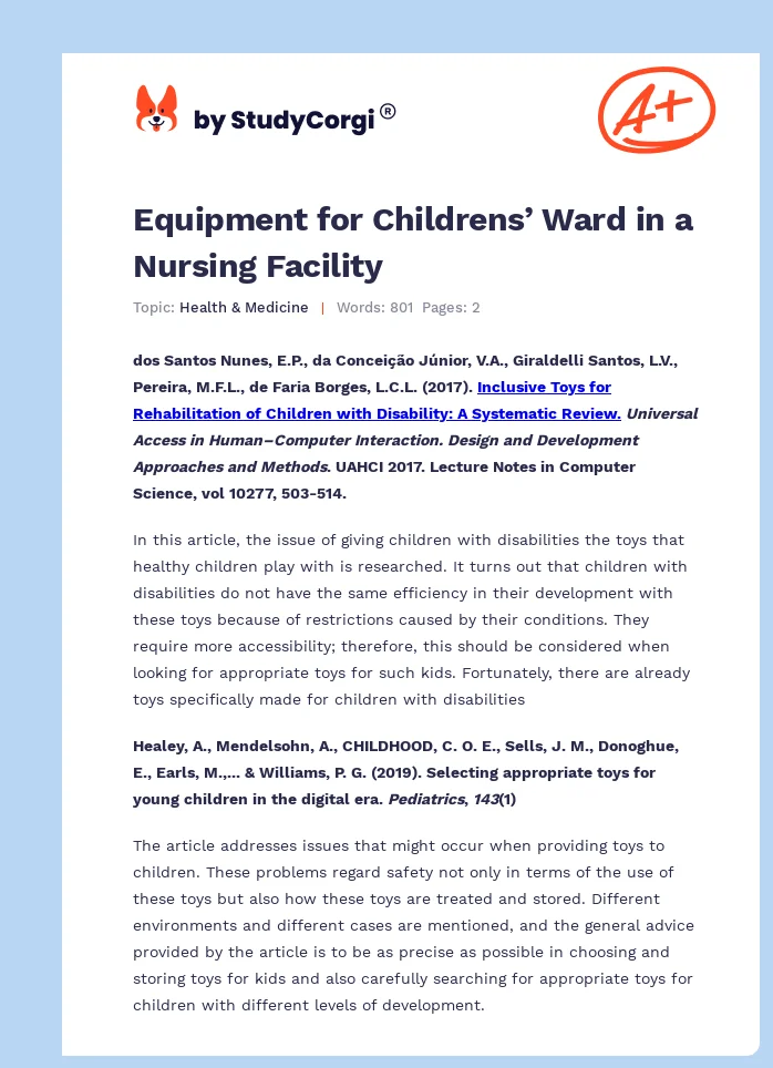 Equipment for Childrens’ Ward in a Nursing Facility. Page 1