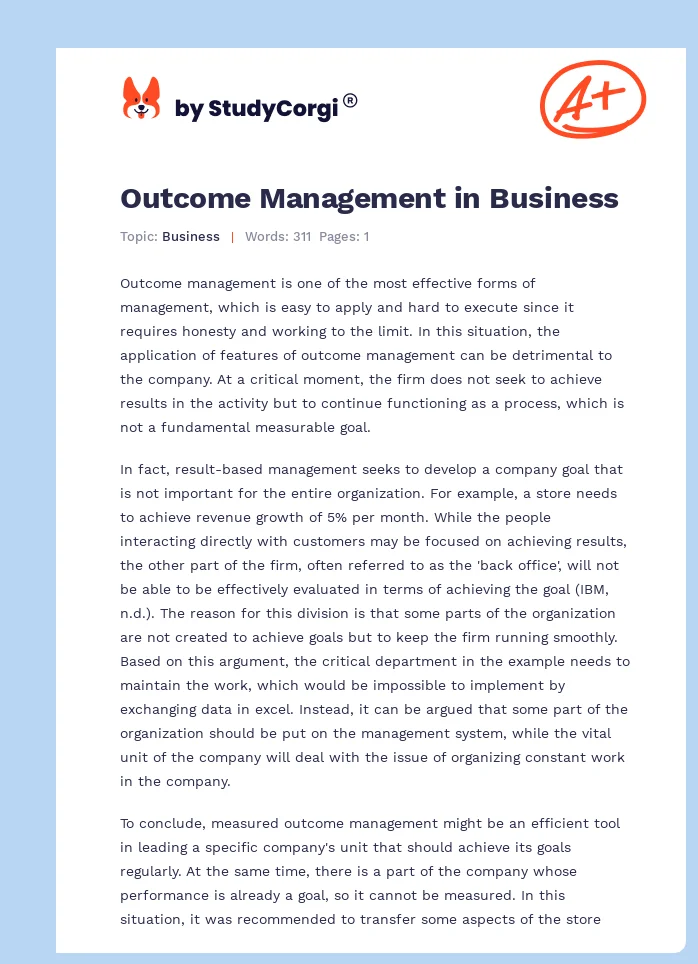 Outcome Management in Business. Page 1