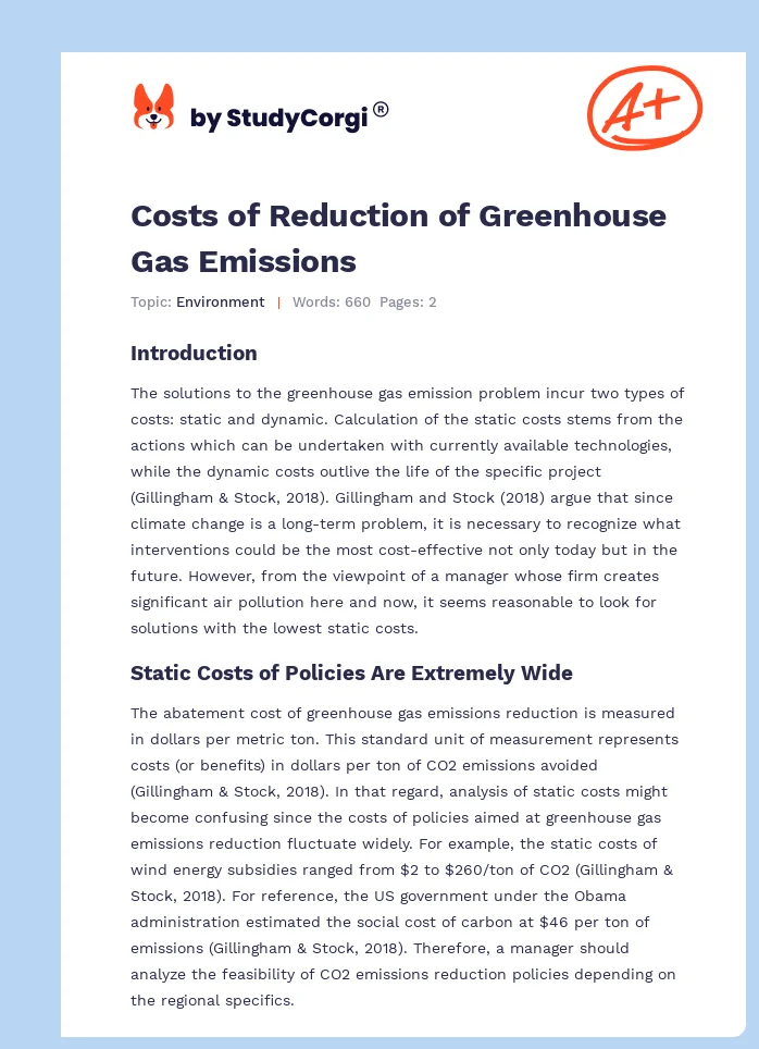 Costs of Reduction of Greenhouse Gas Emissions. Page 1