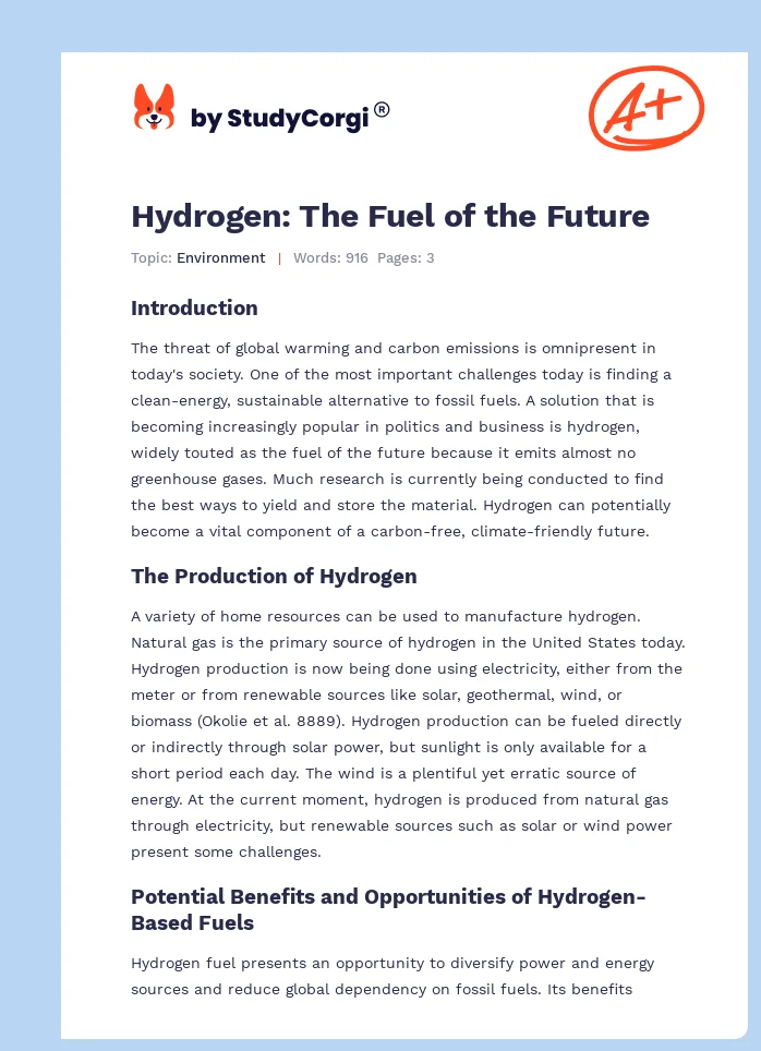 Hydrogen: The Fuel of the Future. Page 1