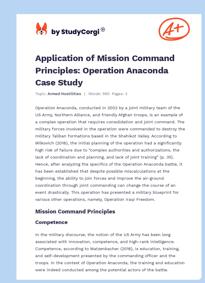 Operation Anaconda and Mission Command Principles. Page 1