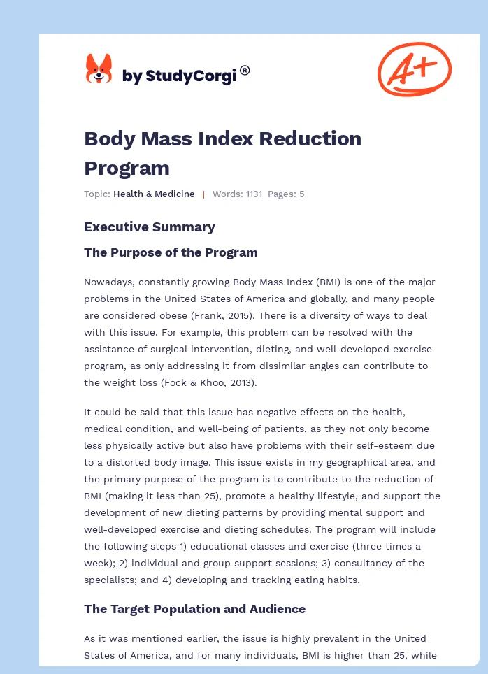 Body Mass Index Reduction Program. Page 1