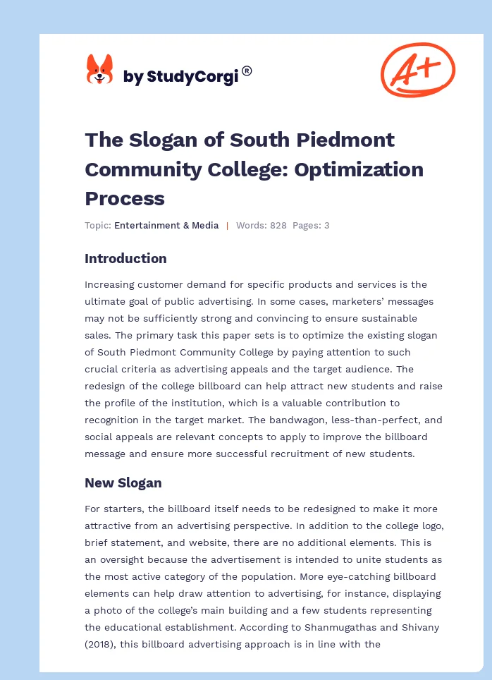 The Slogan of South Piedmont Community College: Optimization Process. Page 1
