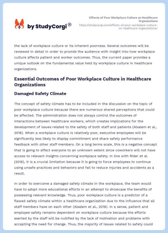 Effects of Poor Workplace Culture on Healthcare Organizations. Page 2