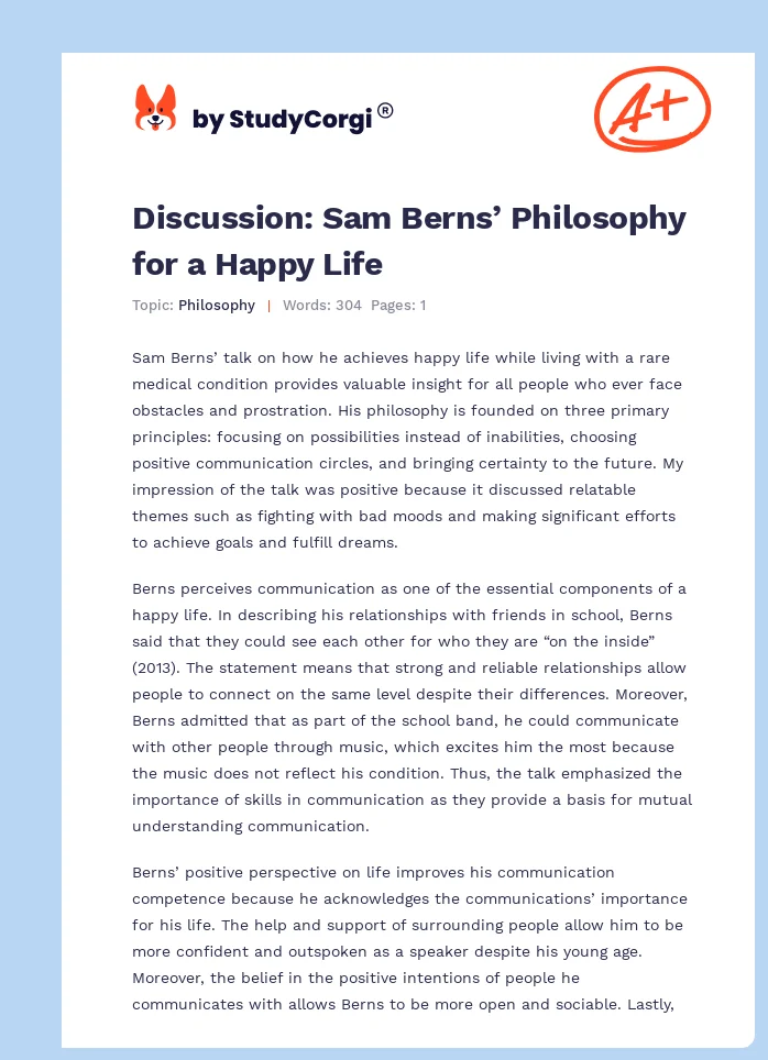 Discussion: Sam Berns’ Philosophy for a Happy Life. Page 1
