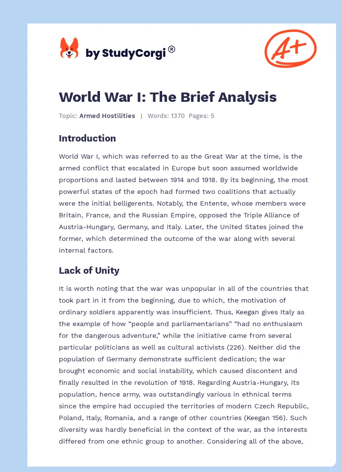 World War I: The Brief Analysis. Page 1