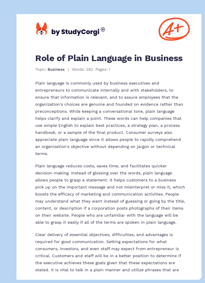 Role of Plain Language in Business. Page 1