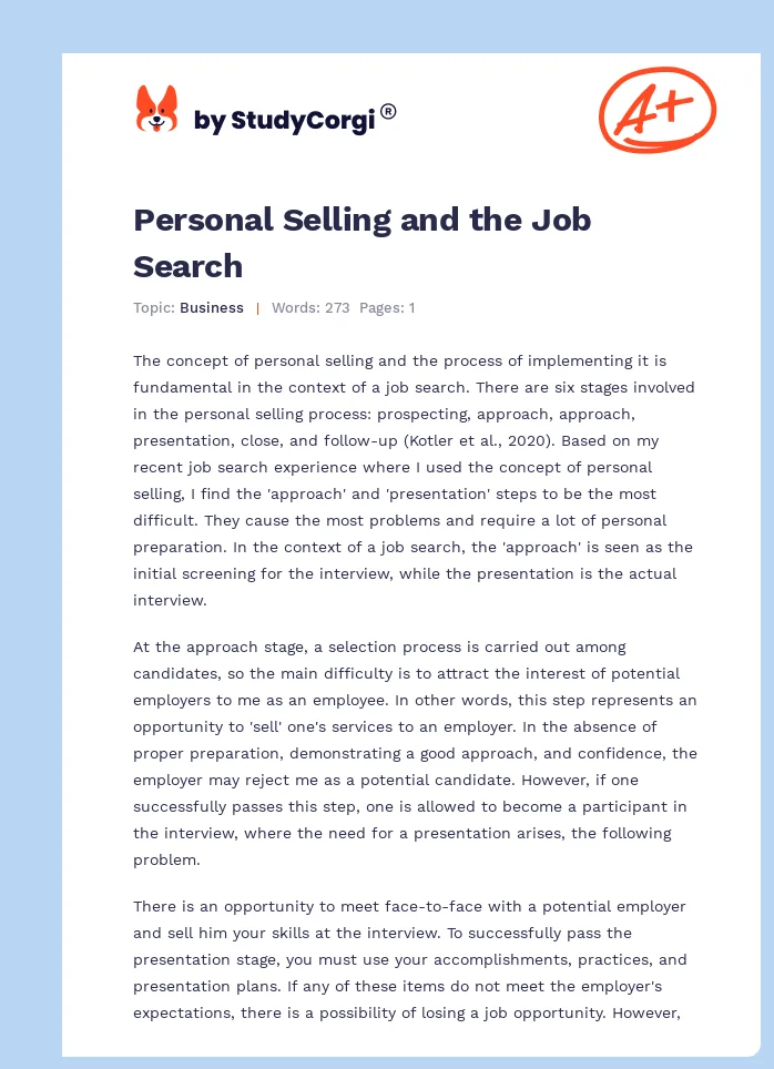 Personal Selling and the Job Search. Page 1