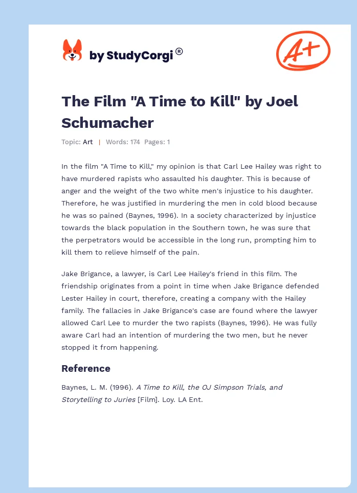 The Film "A Time to Kill" by Joel Schumacher. Page 1