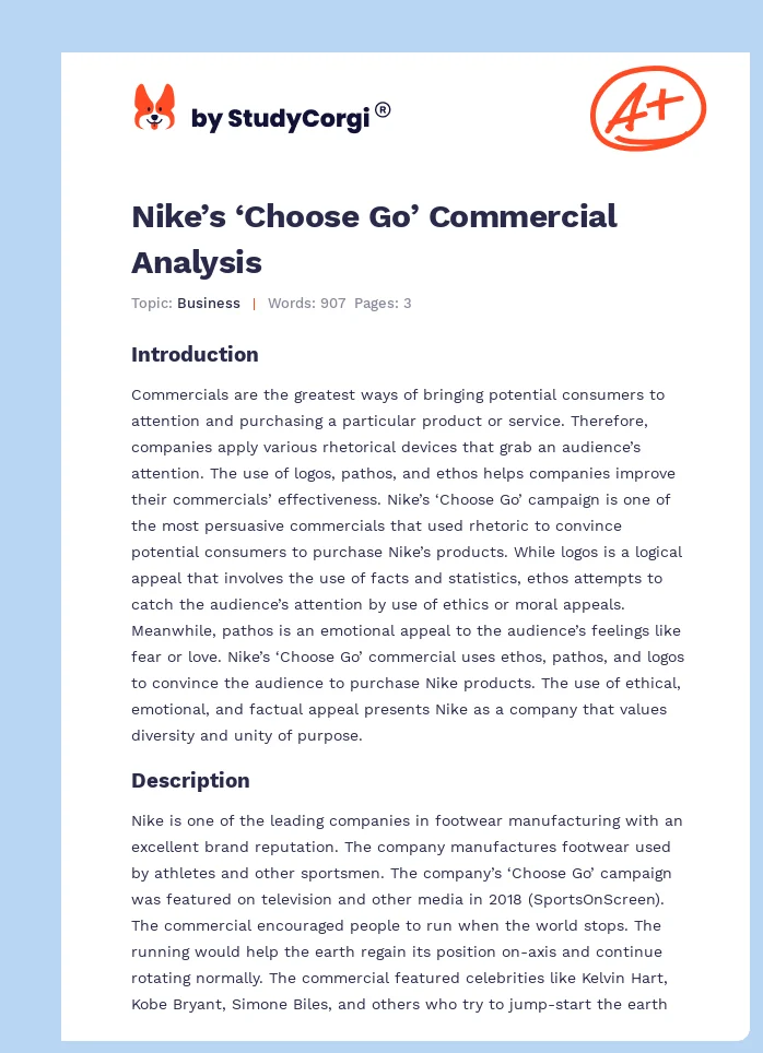 Nike’s ‘Choose Go’ Commercial Analysis. Page 1
