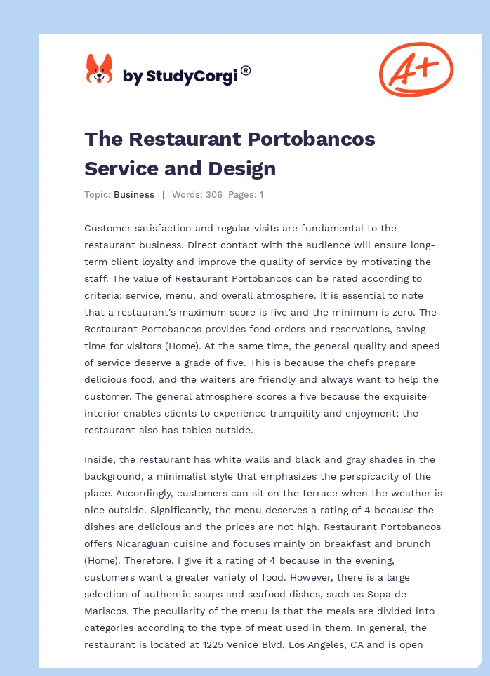 The Restaurant Portobancos Service and Design. Page 1