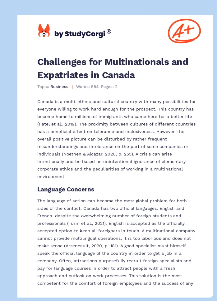 Challenges for Multinationals and Expatriates in Canada. Page 1
