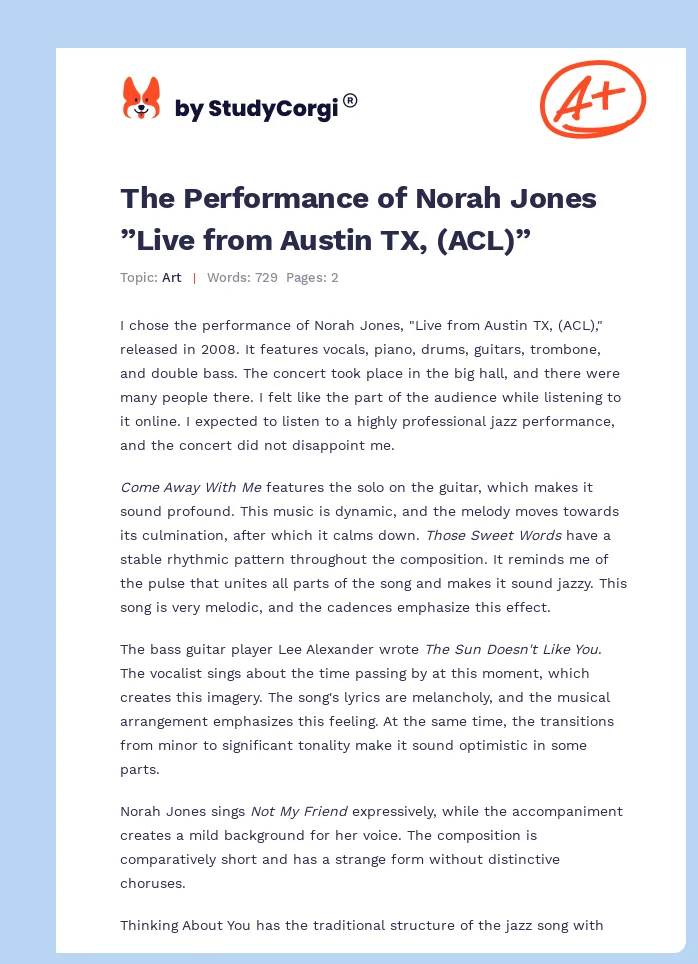 The Performance of Norah Jones ”Live from Austin TX, (ACL)”. Page 1