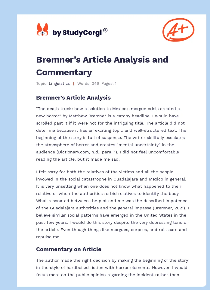 Bremner’s Article Analysis and Commentary. Page 1