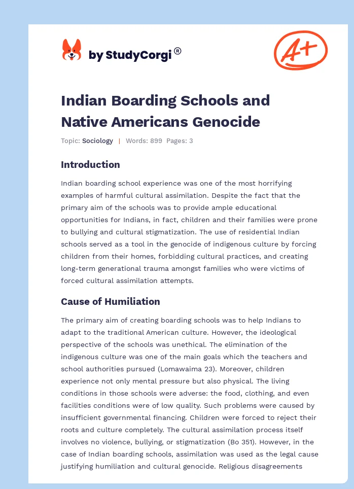 Indian Boarding Schools and Native Americans Genocide. Page 1