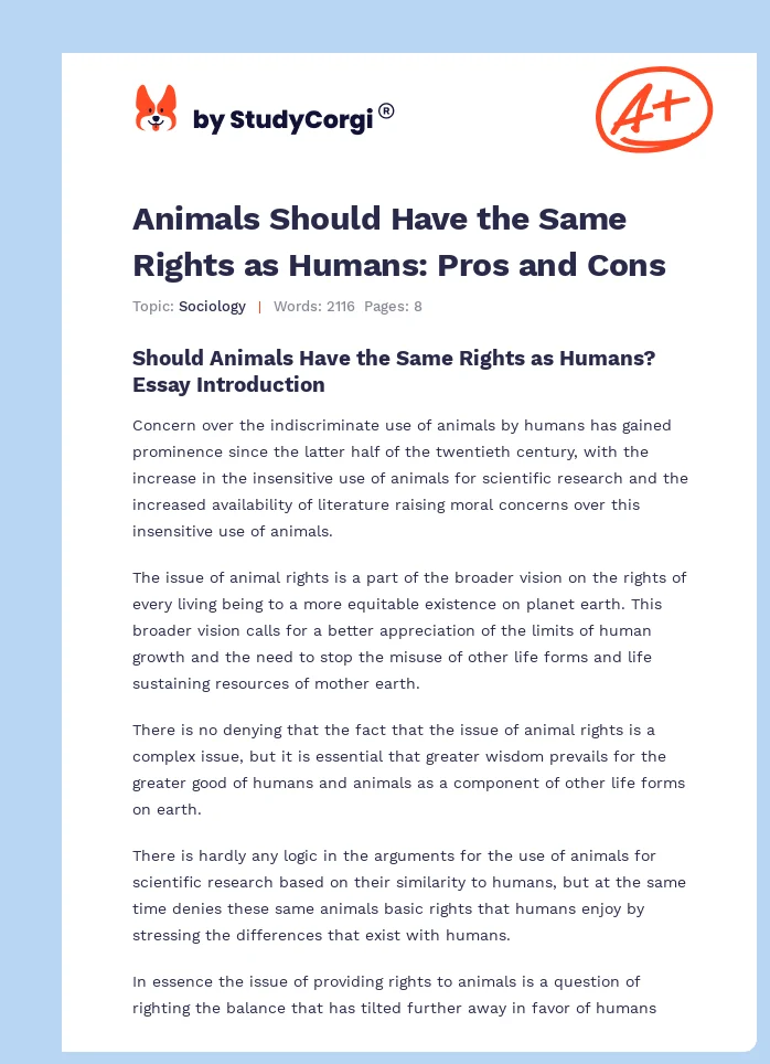 Animals Should Have the Same Rights as Humans: Pros and Cons. Page 1