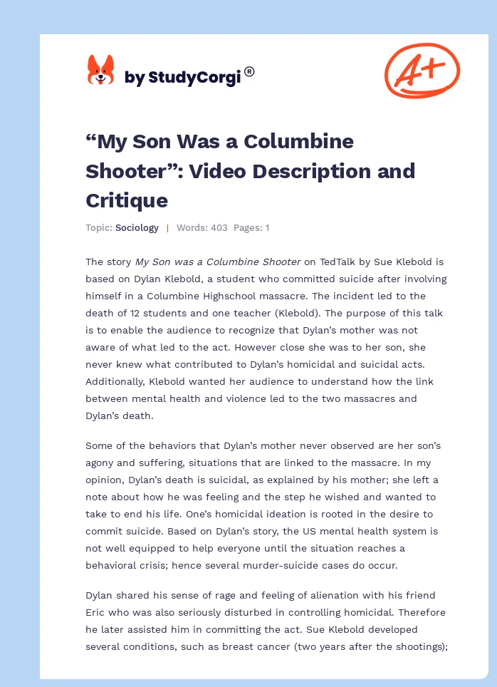 “My Son Was a Columbine Shooter”: Video Description and Critique. Page 1