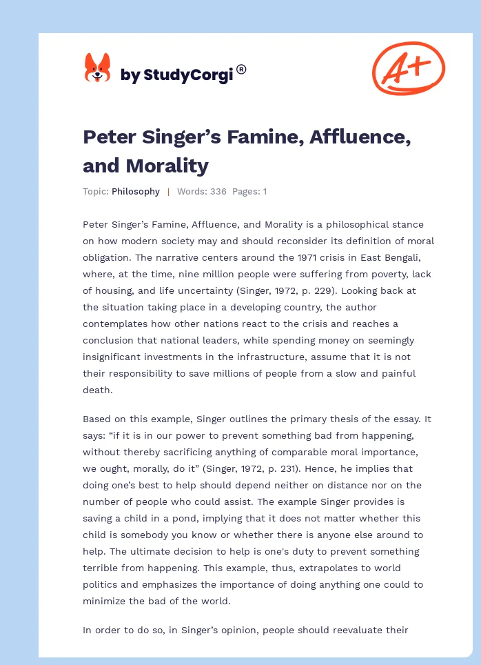 Peter Singer’s Famine, Affluence, and Morality. Page 1