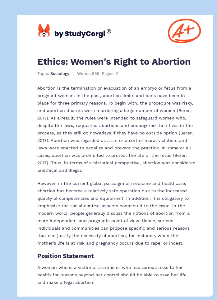 Ethics: Women's Right to Abortion. Page 1