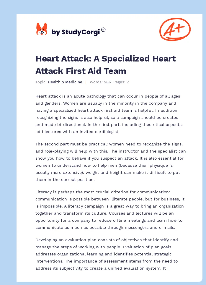 Heart Attack: A Specialized Heart Attack First Aid Team. Page 1