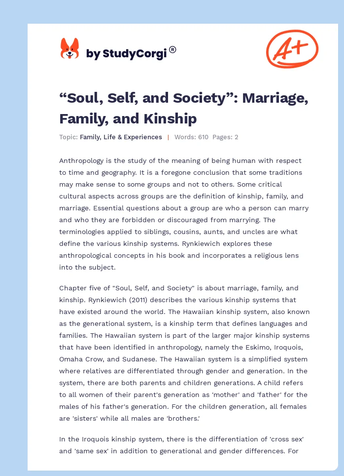 “Soul, Self, and Society”: Marriage, Family, and Kinship. Page 1