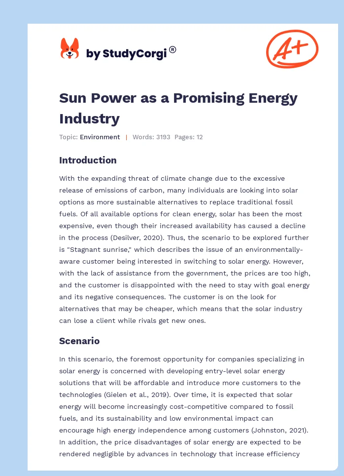 Sun Power as a Promising Energy Industry. Page 1